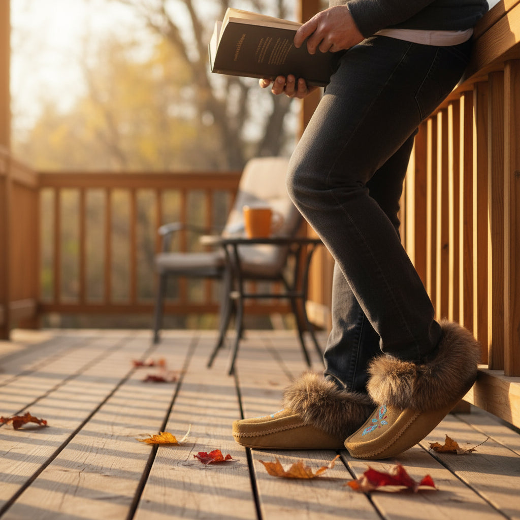 Person wearing fur-lined shoes reading a book on a wooden deck with autumn leaves.