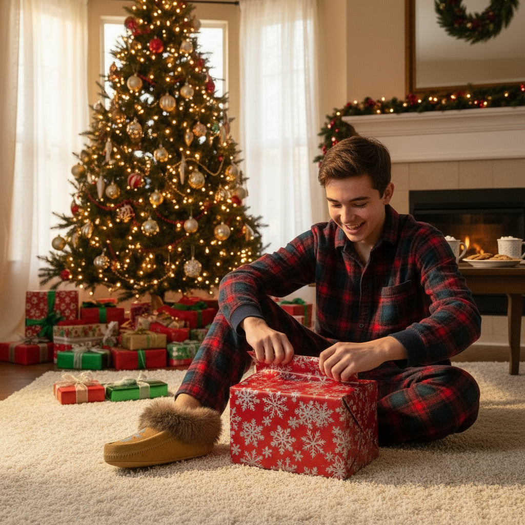 Person opening a Christmas gift in a cozy living room with a decorated tree and fireplace.