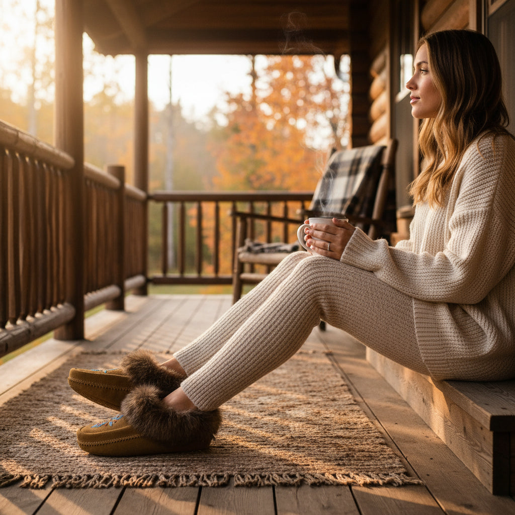 Woman sitting on a wooden porch with a cup, surrounded by autumn foliage.