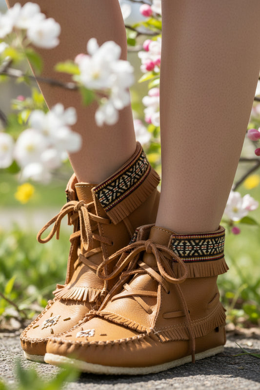Tan moccasin boot with decorative elements on a spring background, featuring the brand 'Tecumseh'.