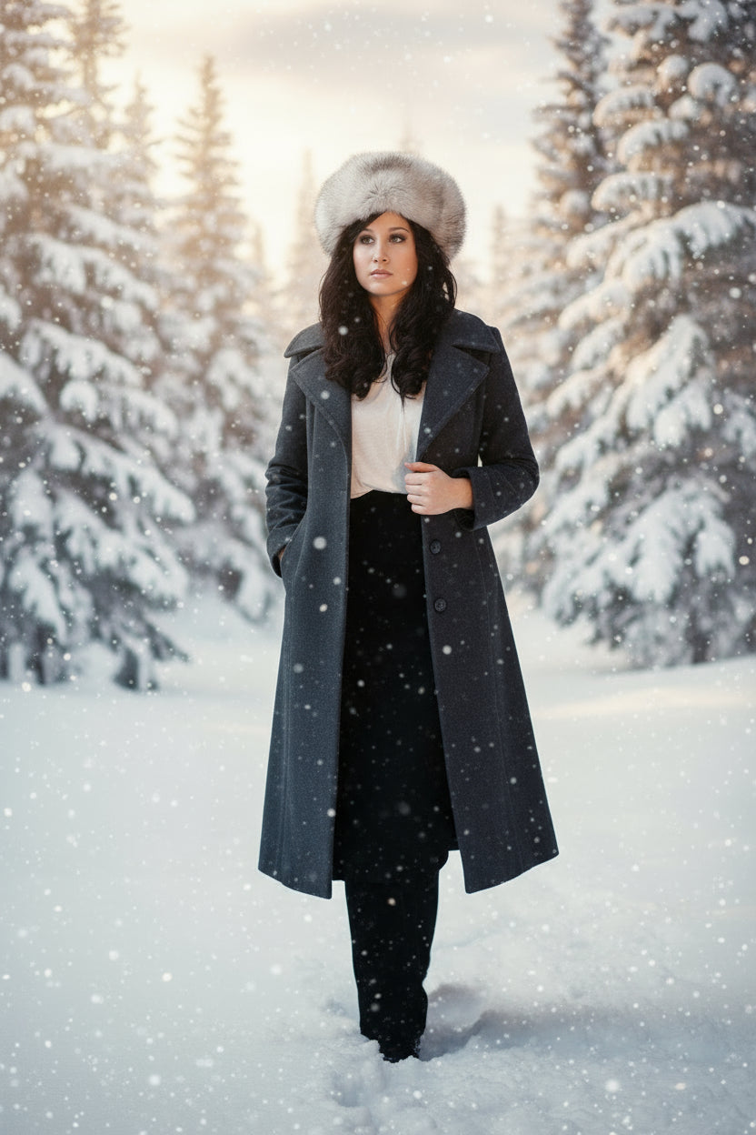 Woman wearing a white blouse and fur hat with 'Tecumseh Canada' branding.