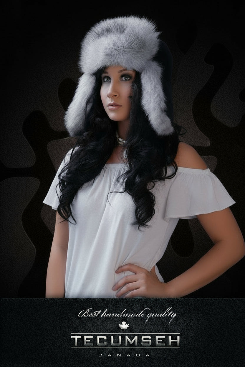 Woman wearing a gray fur hat with ear flaps against a dark background