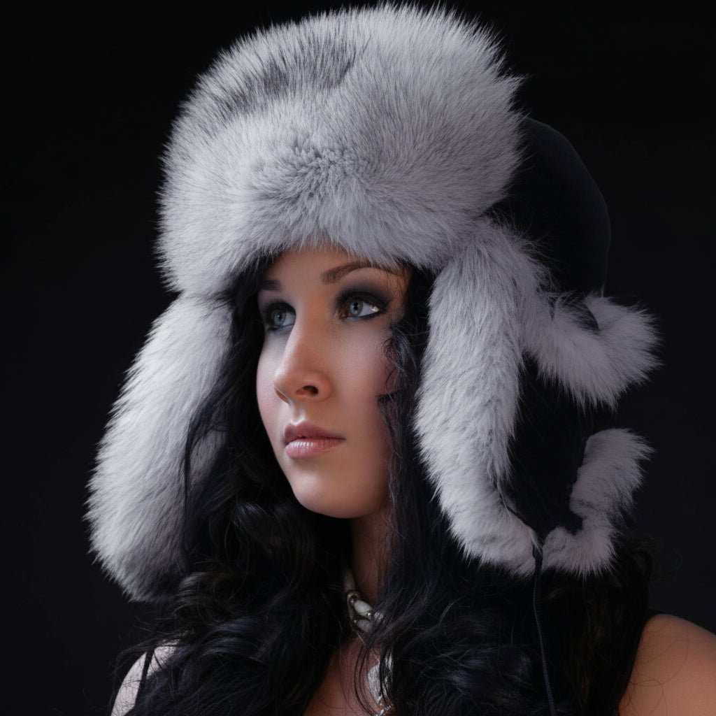 Woman wearing a gray fur hat with ear flaps against a dark background
