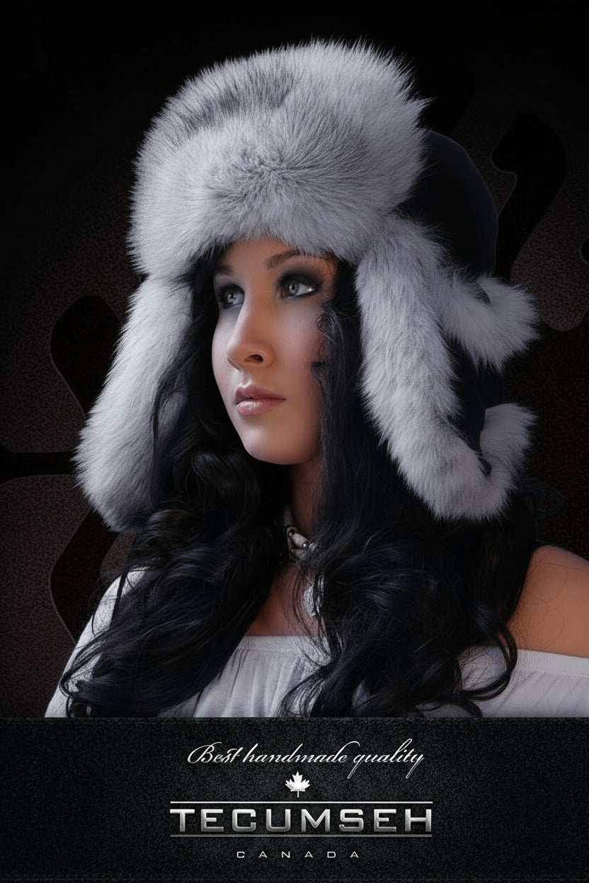 Woman wearing a fur hat with 'Tecumseh Canada' branding on a dark background