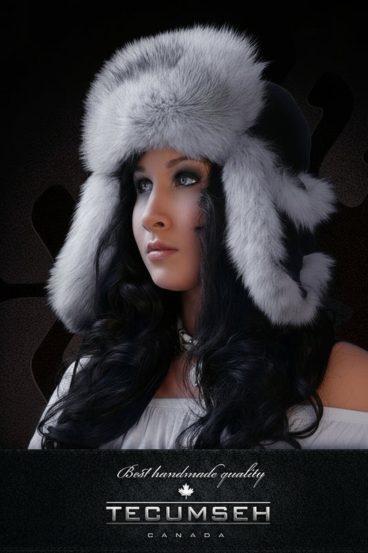 Woman wearing a fur hat with 'Tecumseh Canada' branding on a dark background