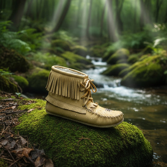 Beige fringed boot on a mossy rock with a forest stream and sunlight filtering through the trees.