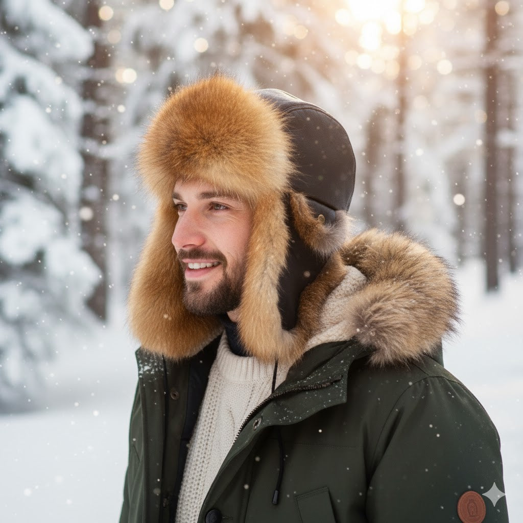 Man wearing a fur-lined winter coat and hat in a snowy forest