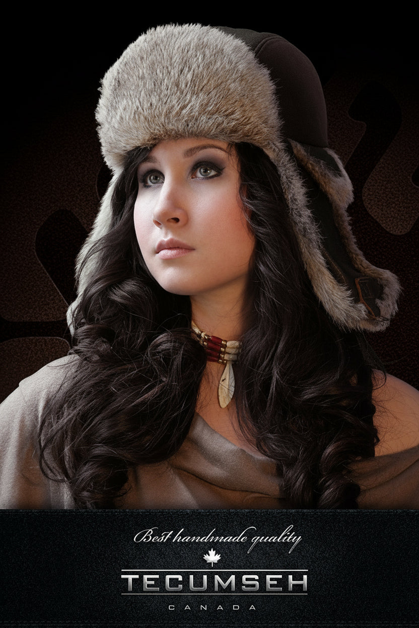 Woman wearing a fur hat with 'Tecumseh Canada' branding on a dark background