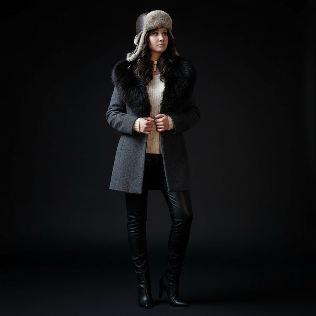 Person wearing a gray coat with fur trim, black boots, and a fur-lined hat on a dark background