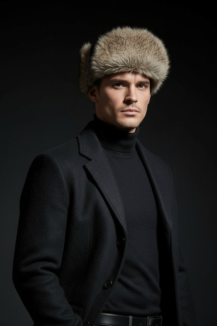 Man wearing a fur hat and dark coat against a black background