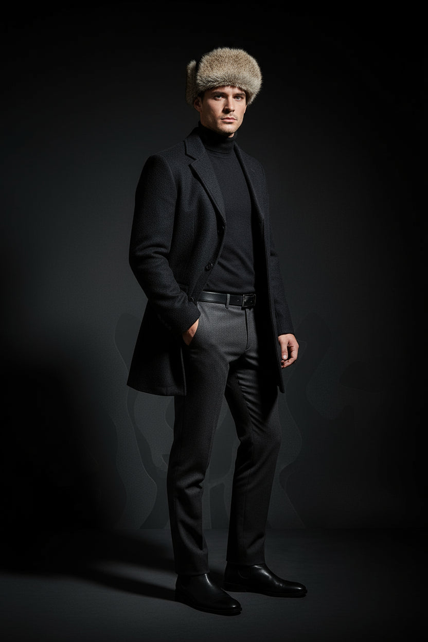 Man wearing a dark coat, black shirt, gray pants, and a fur hat against a dark background