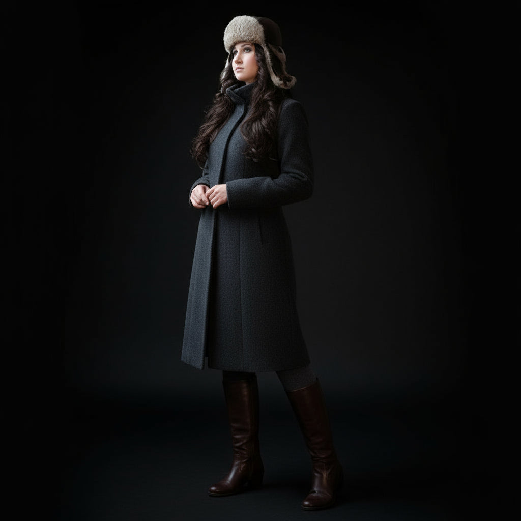 Woman wearing a fur hat with a black background