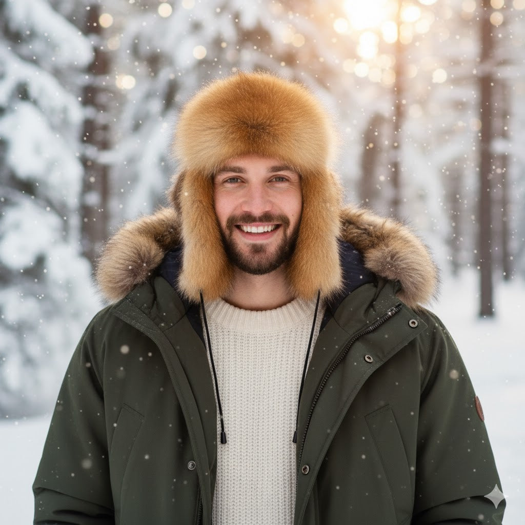 Man wearing a fur-trimmed hat and winter coat in a snowy forest
