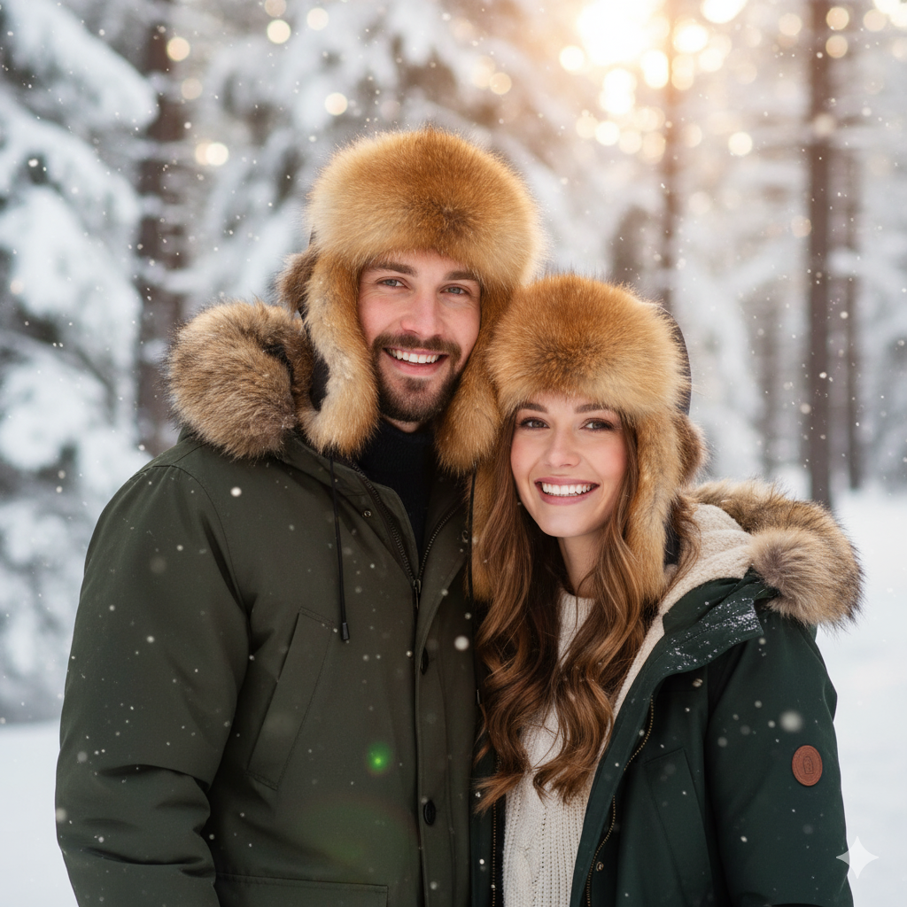 Two people wearing fur hats and winter coats in a snowy forest.