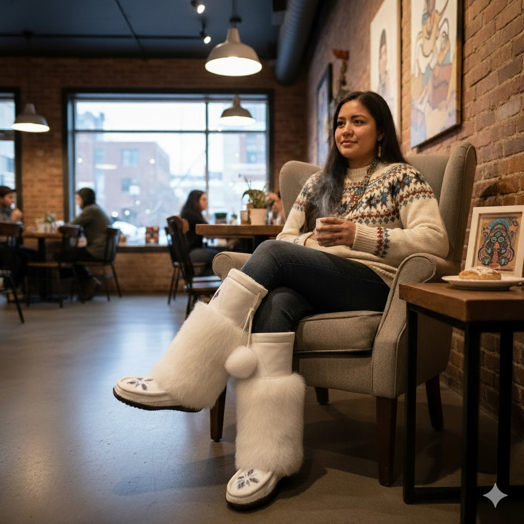 Woman sitting in a cozy cafe wearing white boots and a patterned sweater.