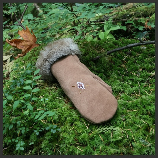 Brown mitten with fur cuff on a white background