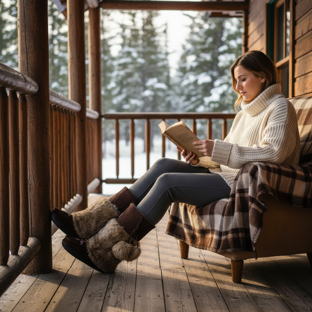Brown fur boot with pom-pom on a snowy ground with trees in the background