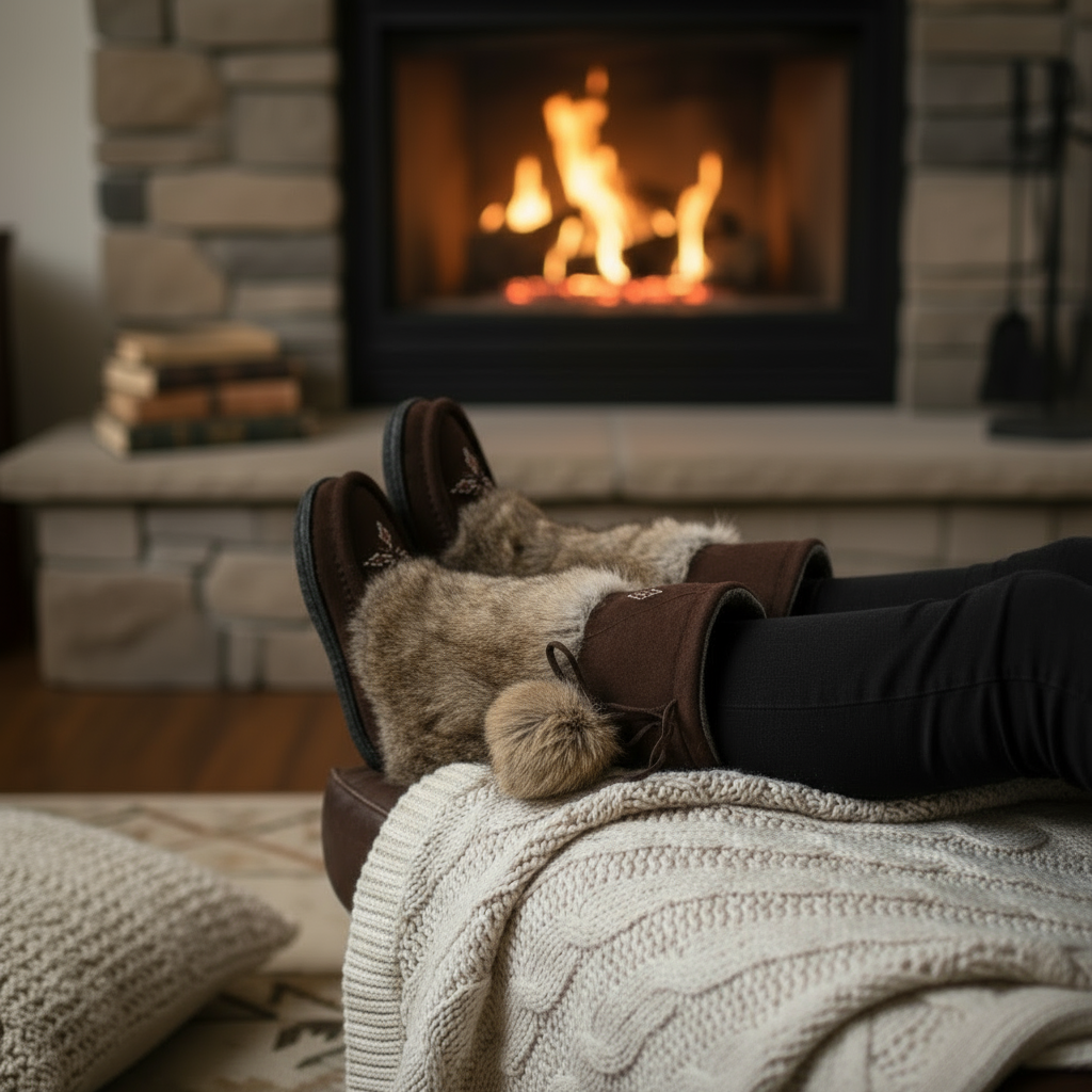 Brown fur boot with pom-pom on a snowy ground with trees in the background