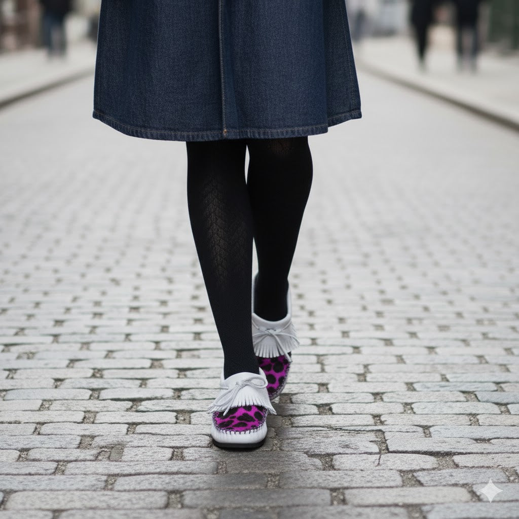 Women's White Leather Moccasin With Fringe Collar and Dyed Cowhide Fur Vamp