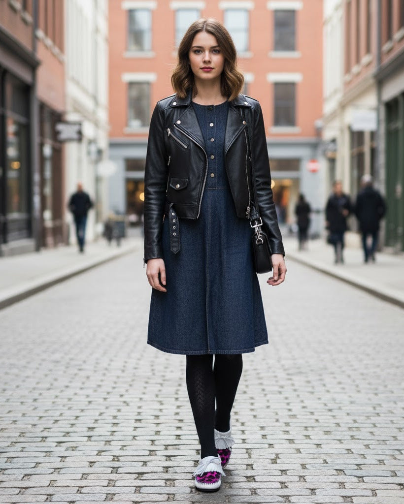 Woman in a black leather jacket and blue dress standing on a city street wearing moccasins