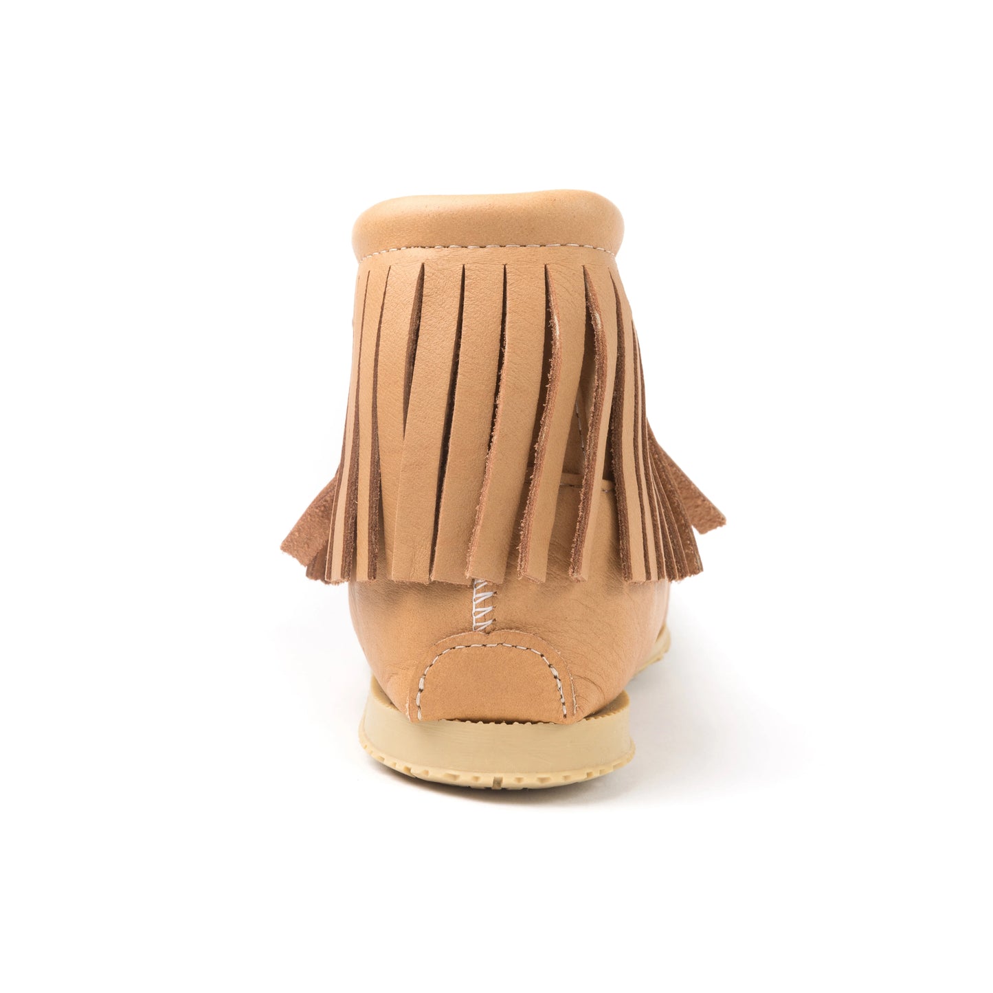 Tan moccasin boot with fringes on a white background