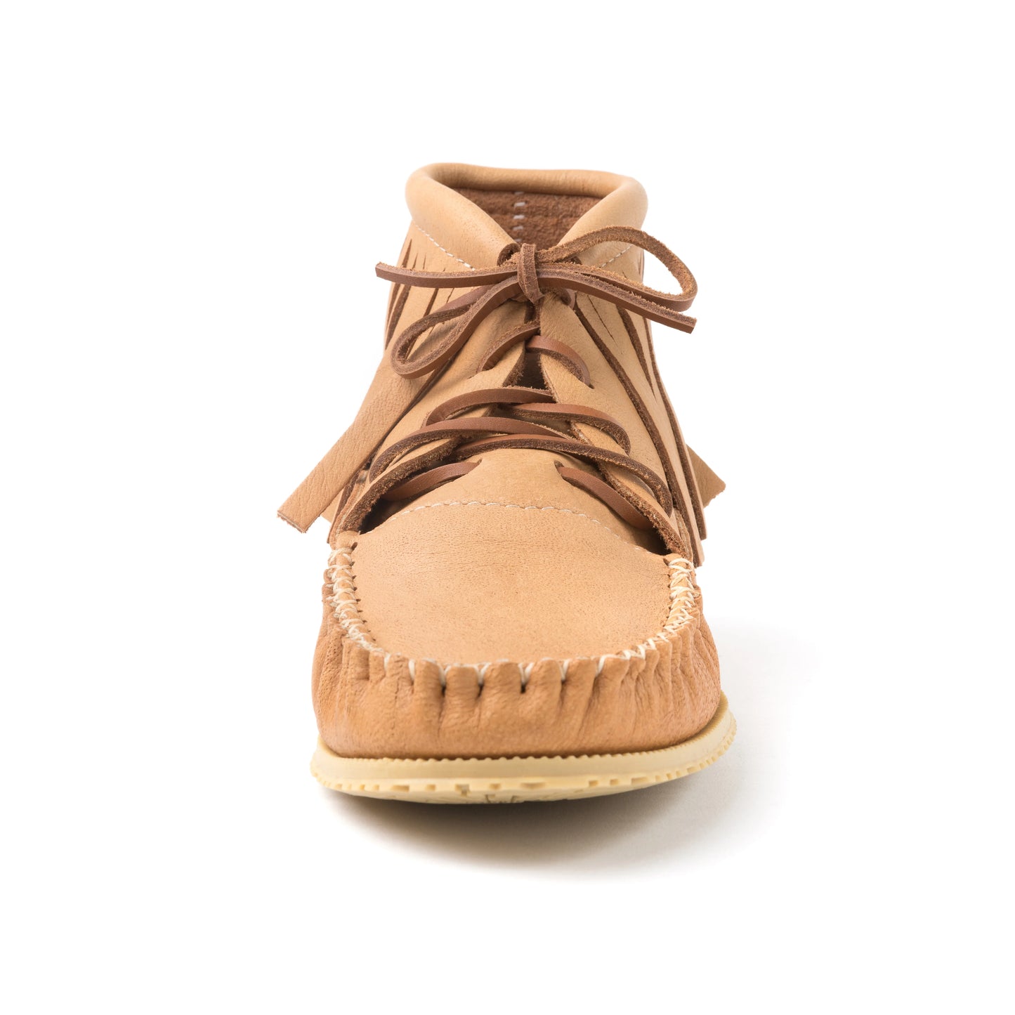 Tan moccasin shoe with laces on a white background
