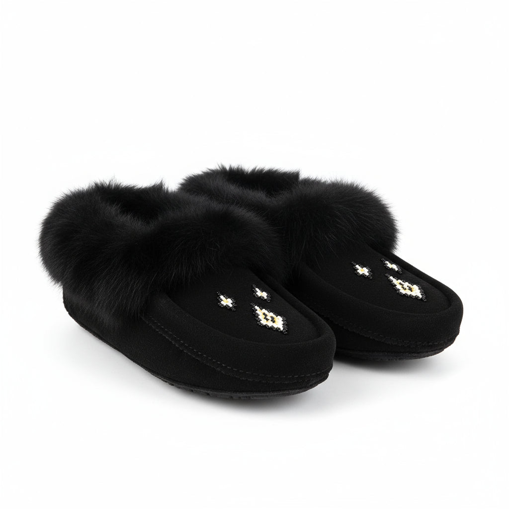 great plains moccasins black suede black rabbit fur