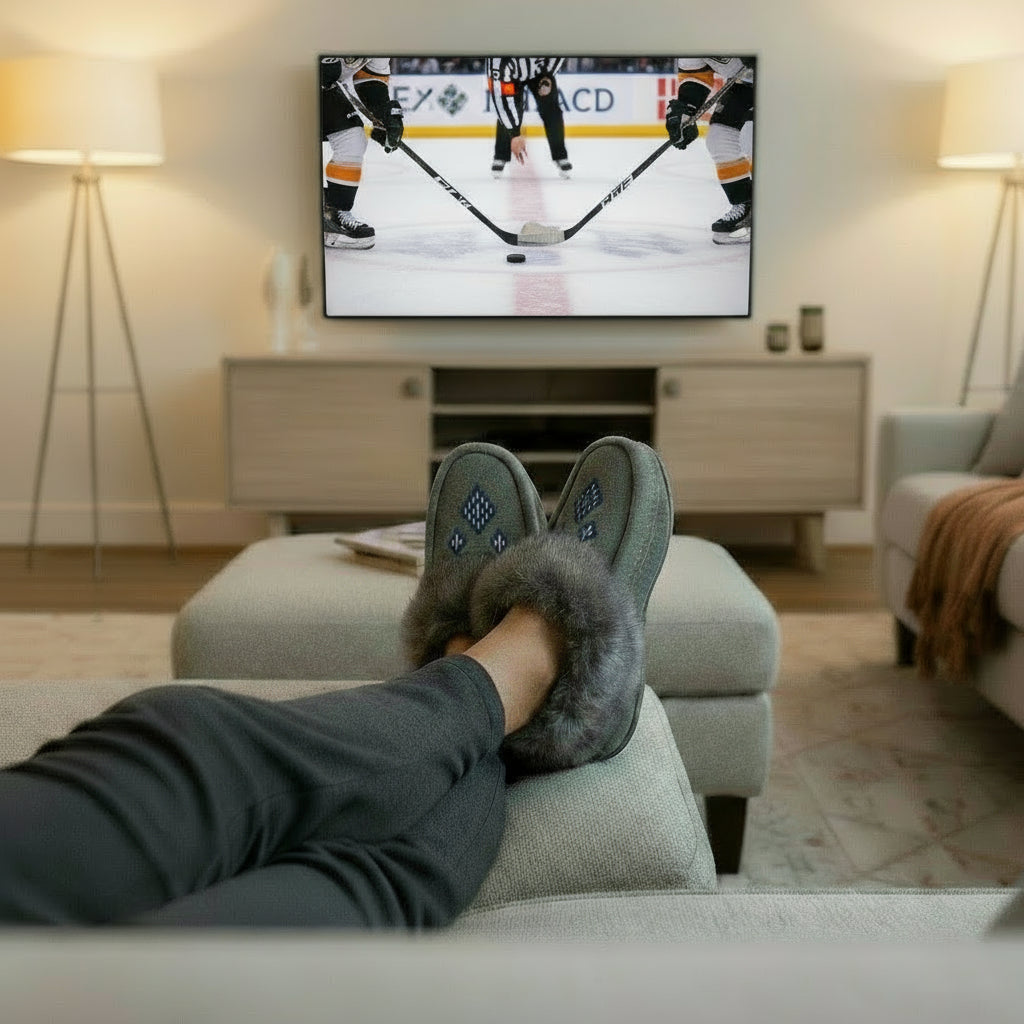 grey moccasins made in Canada great plains moccasins