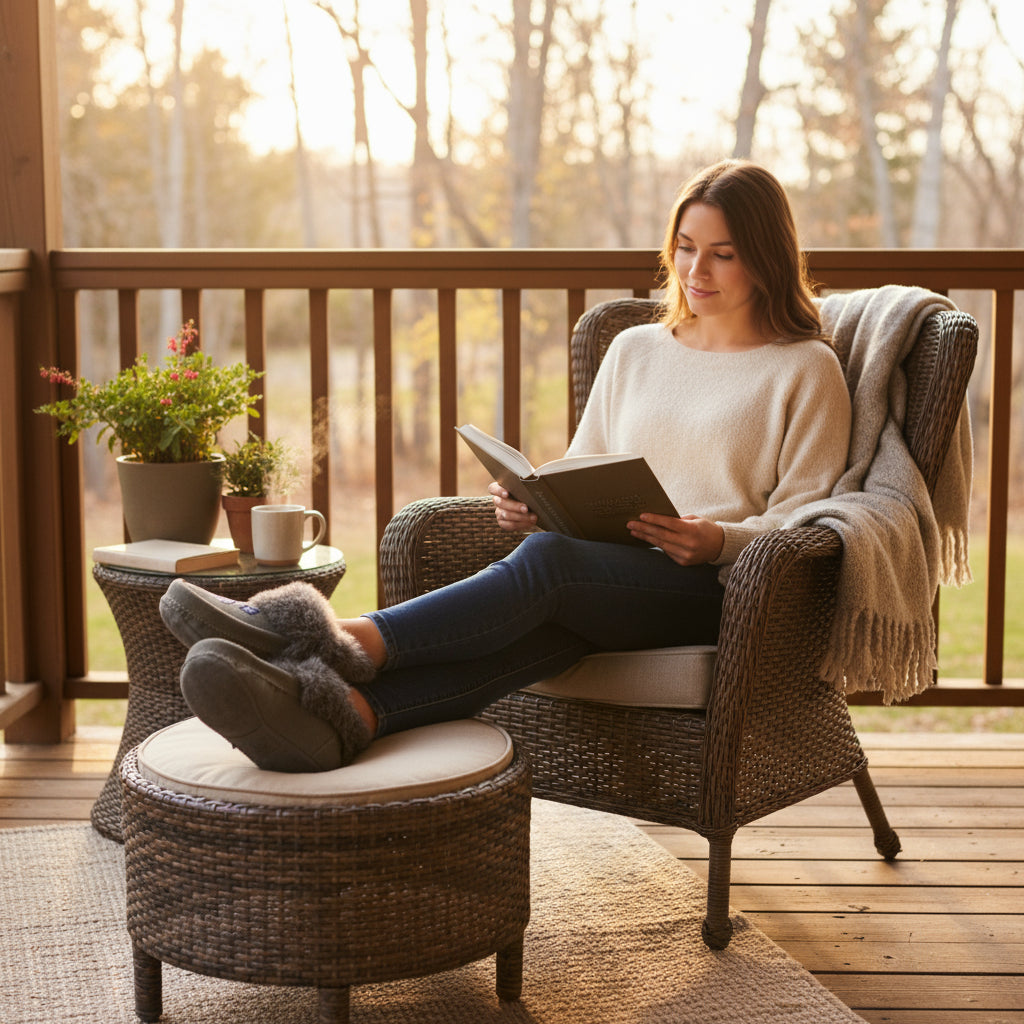 Woman reading a book on a wooden deck with a scenic background