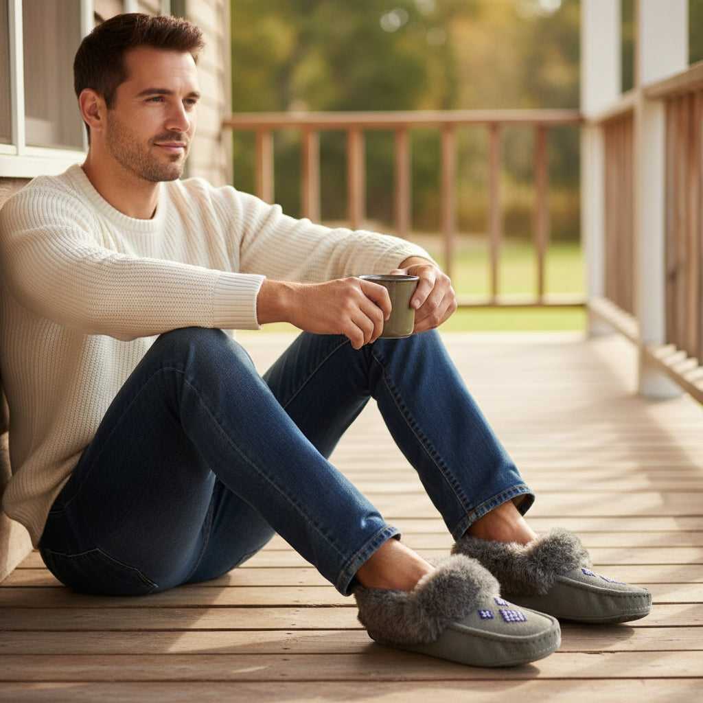 Man sitting on a wooden deck wearing gray slippers holding a mug.