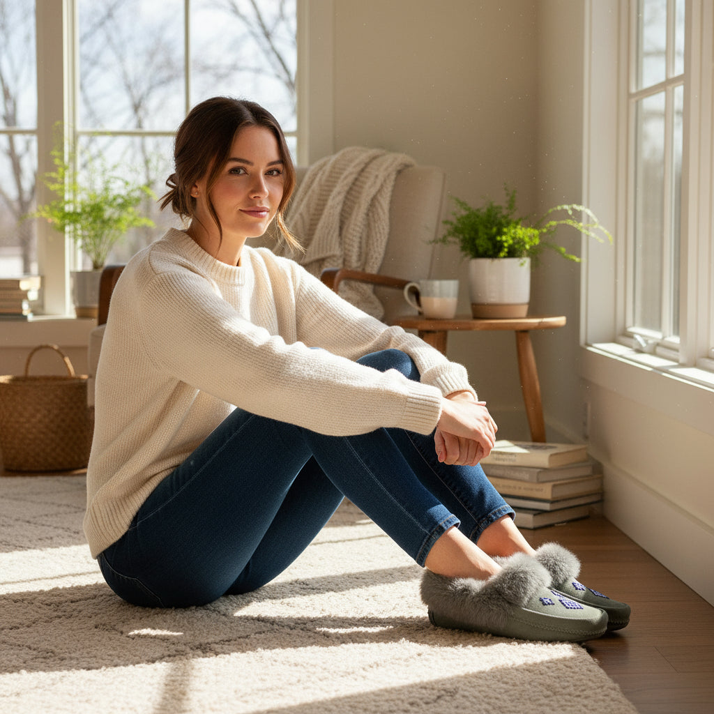 Gray slipper with fur trim on a white background