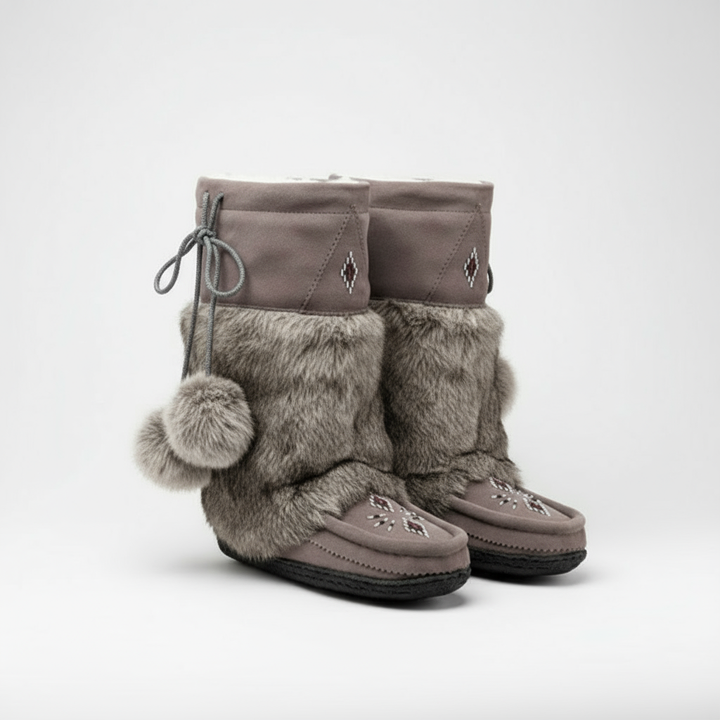 Pair of gray winter boots with fur trim and pom-poms on a white background