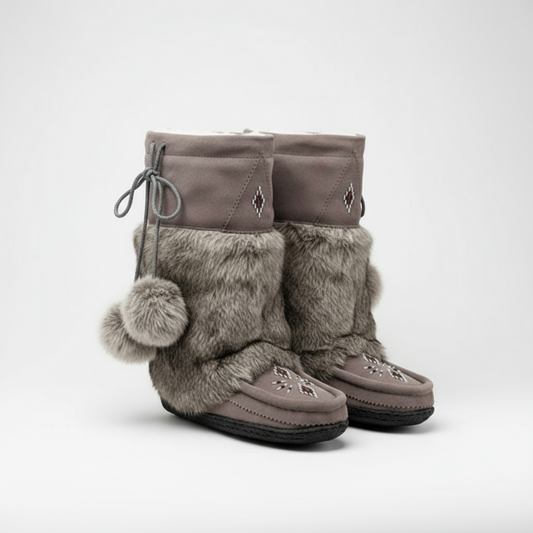 Pair of gray winter boots with fur trim and pom-poms on a white background