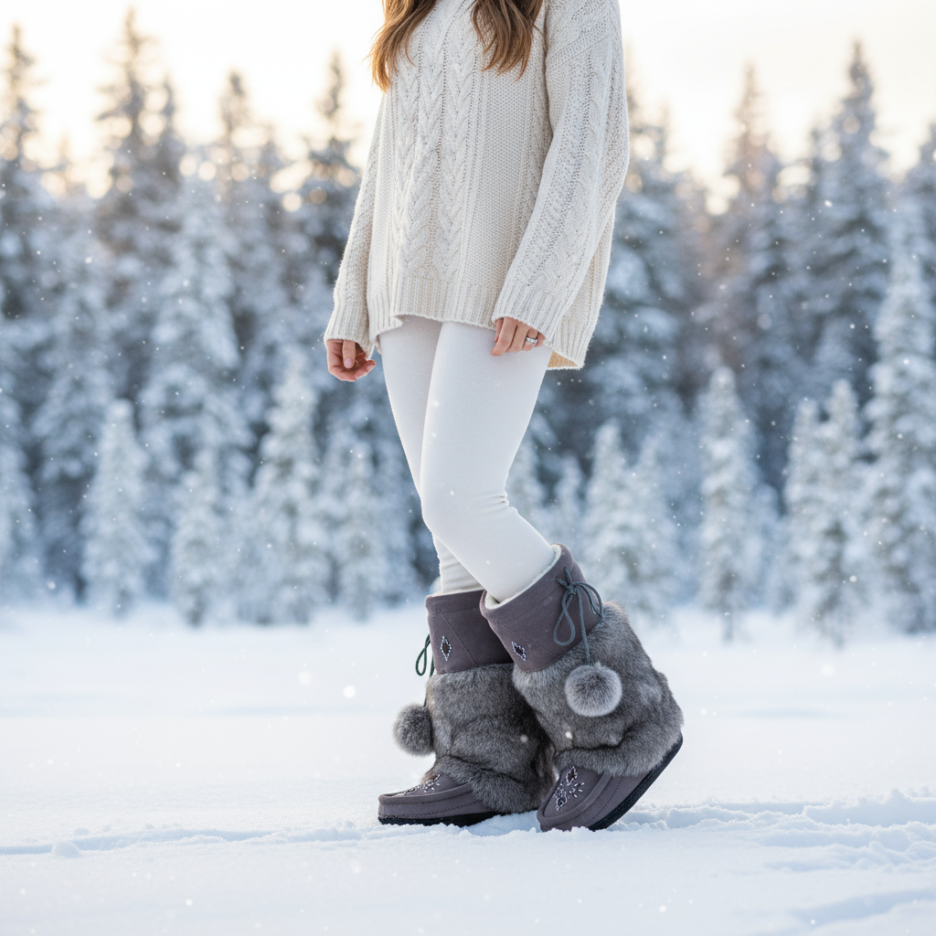 Pair of gray winter boots with fur trim and pom-poms on a white background