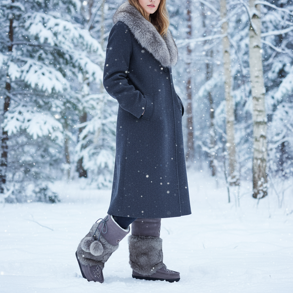 Pair of gray winter boots with fur trim and pom-poms on a white background