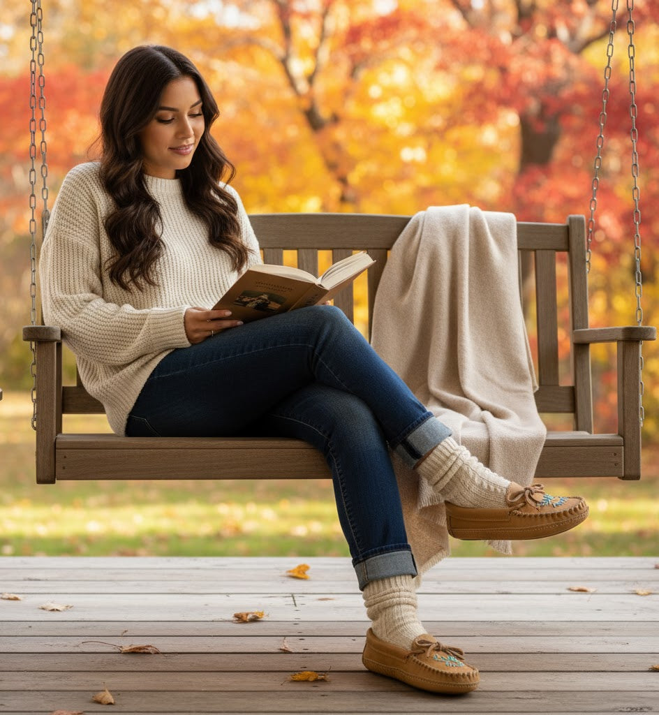 Woman reading a book on a wooden swing during autumn.