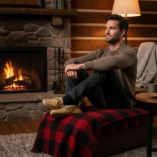 Man sitting by a fireplace in a cozy living room