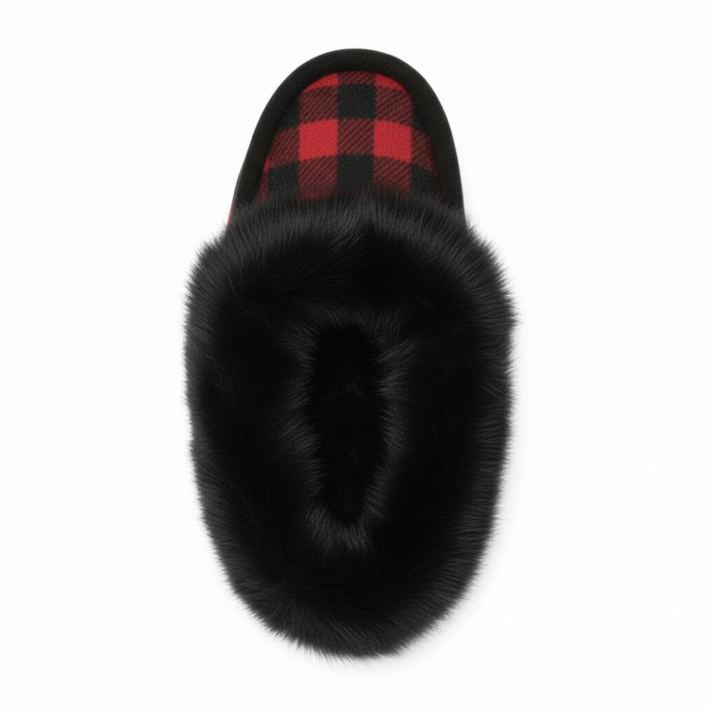 Black slipper with red plaid lining on a white background
