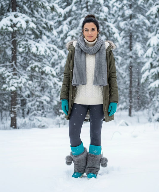 Woman in winter clothing standing in a snowy forest