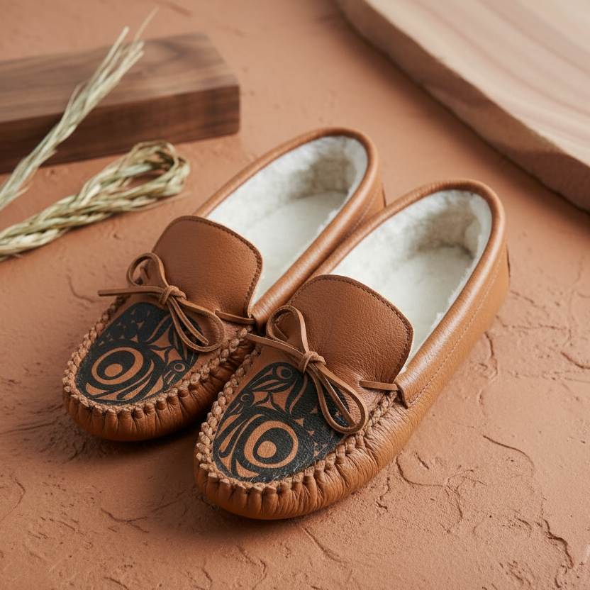 Pair of brown leather moccasins with decorative patterns on a light gray surface.
