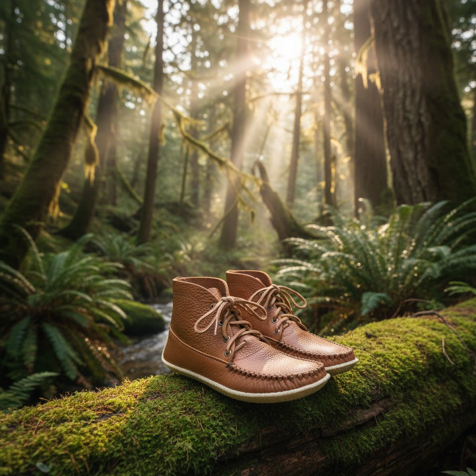 Brown leather boots on a mossy log in a forest with sunlight filtering through the trees.