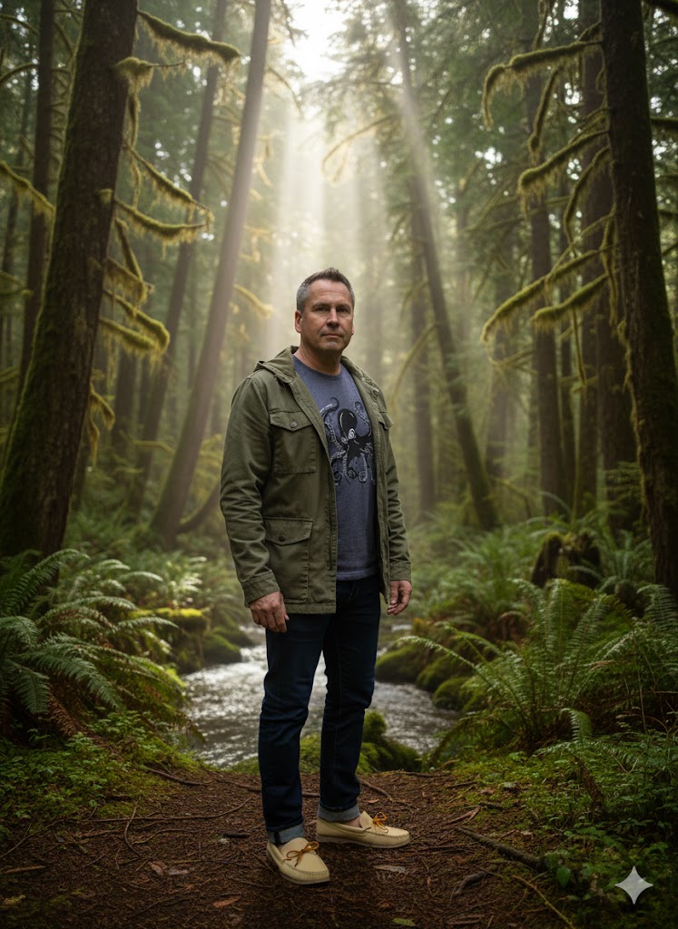 Man standing in a forest with sunlight filtering through the trees