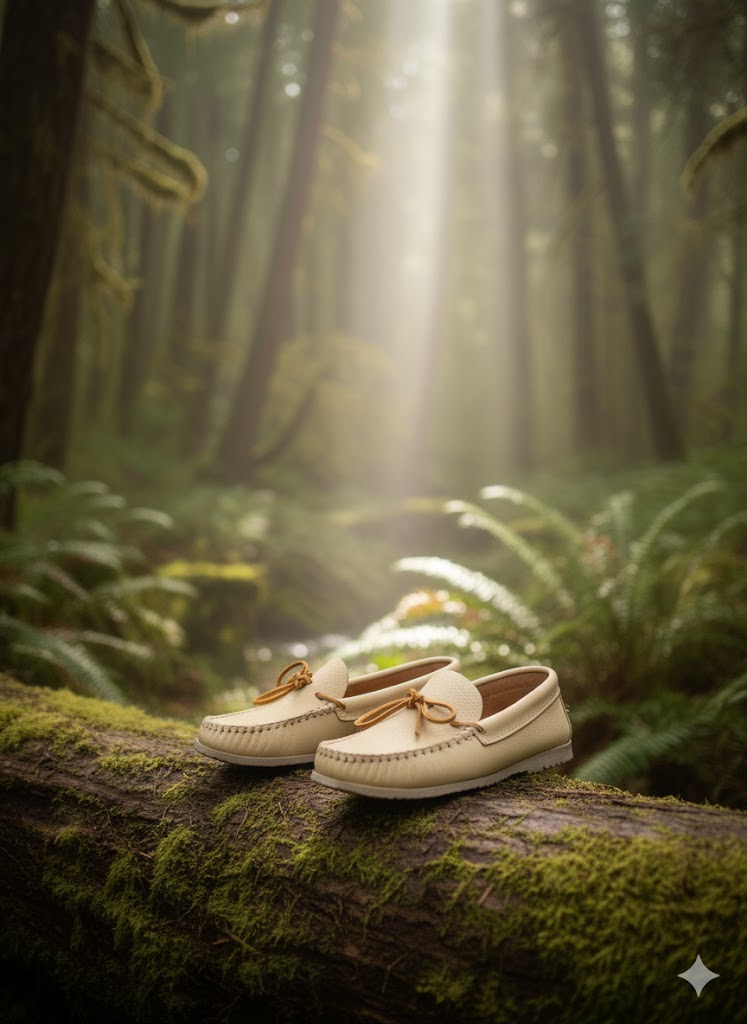 Pair of cream-colored loafers on a mossy log in a forest with sunlight filtering through the trees.