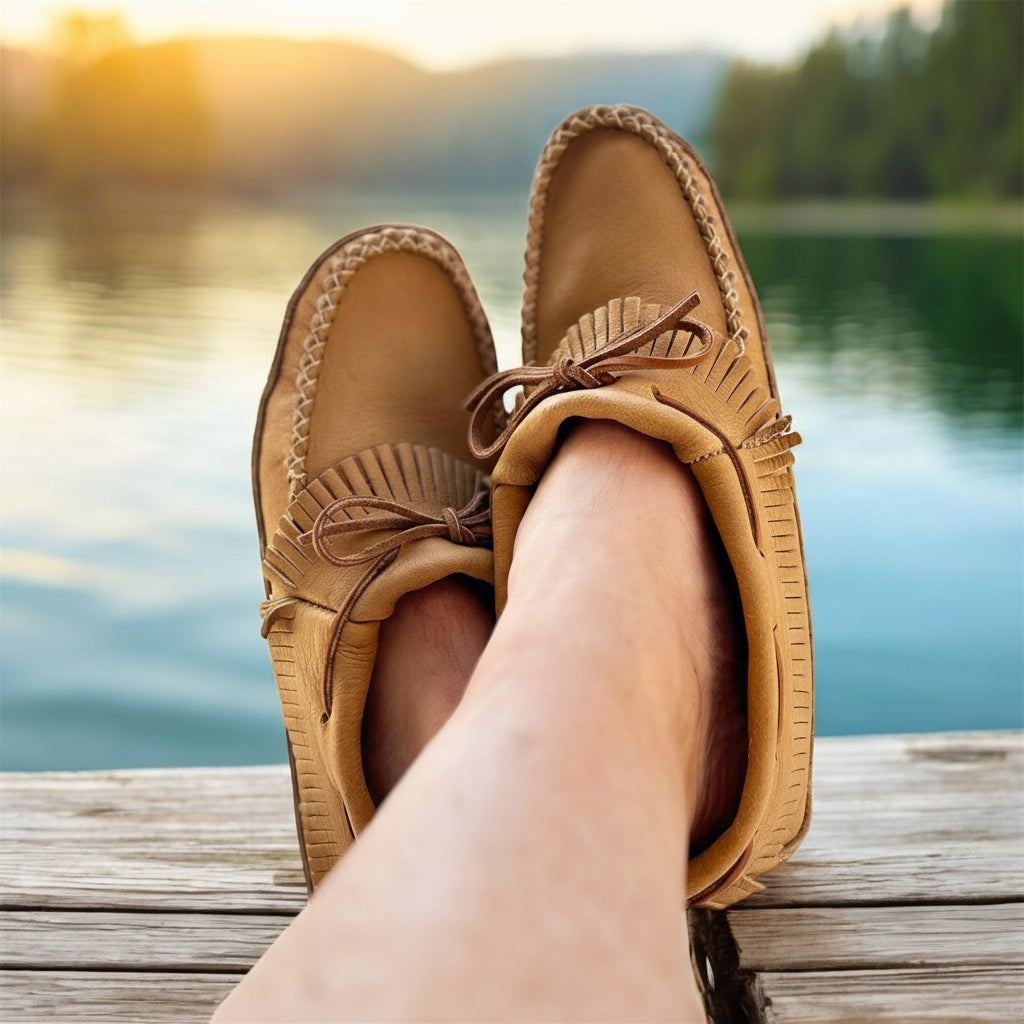 Tan moccasin shoes with fringes worn by a person sitting on a wooden dock by a lake.