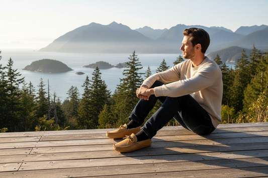 Man wearing moccasins sitting on a wooden deck overlooking a scenic view of mountains and water.