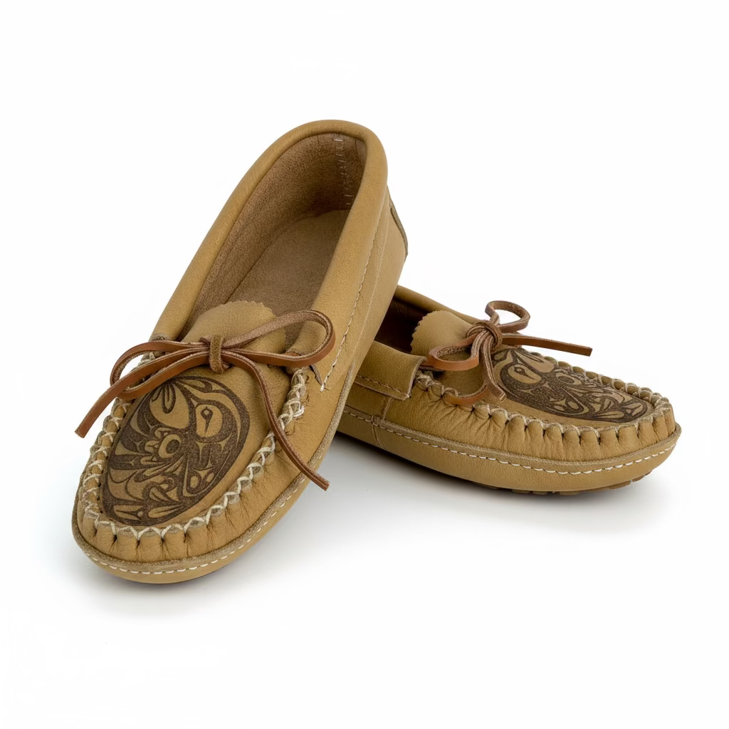 Pair of tan moccasin shoes with intricate designs on a wooden surface