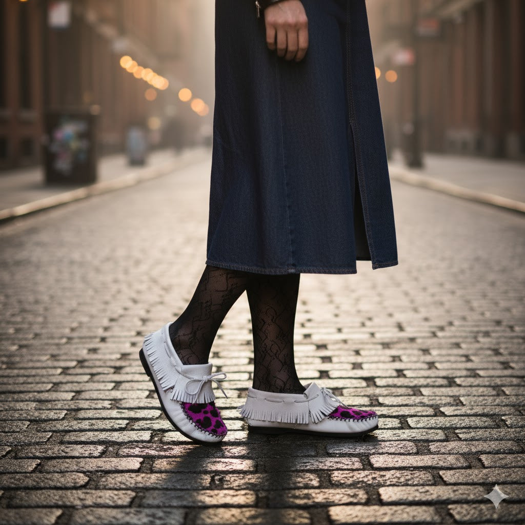 Women's White Leather Moccasin With Fringe Collar and Dyed Cowhide Fur Vamp