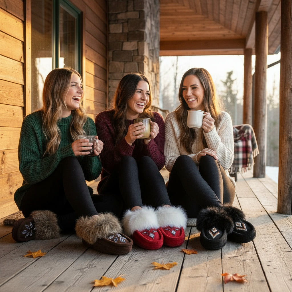 Three women sitting on a wooden porch, holding mugs and wearing cozy slippers.