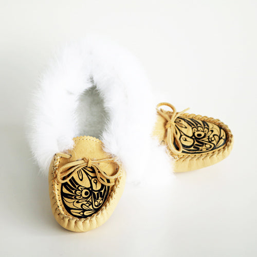 Women's Spirit Moccasins In Natural Moosehide And White Rabbit Fur With Fleece Lining