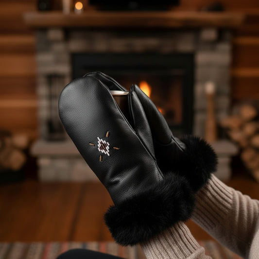 Black leather mitten with fur cuff on a mossy ground